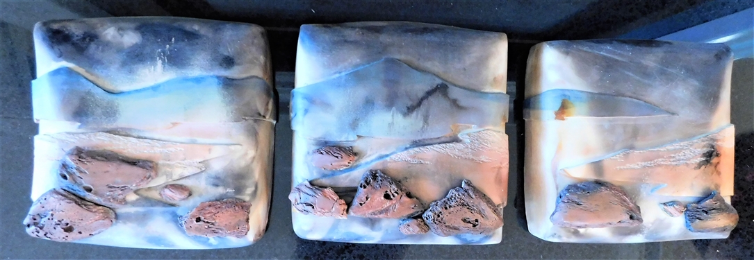 Ellen Kong "Dusk at Outer Banks" Triptych - Hand Painted Smoke Fired Clay and Terra Sigillata -Set Measures 11" by 37" by 4" - 2 Pieces Have Hairline Crack on Back - Not Visible From Front 