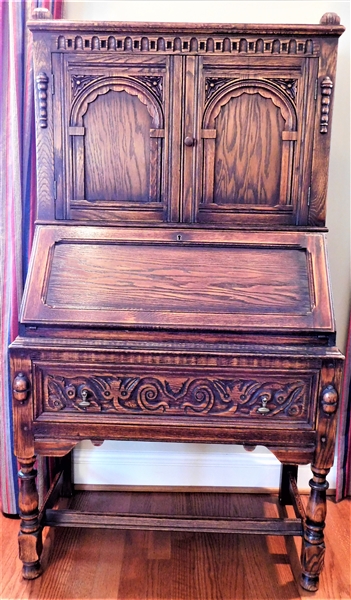 Feudal Oak of Jamestown Lounge Company - Drop Front Secretary - Dovetailed Drawer - Storage Cubbies and 2 Drawers Inside - 62" tall 35" by 20"