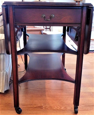 Mahogany Drop Side End Table with Long Dived Drawer - 2 Shelves Underneath- On Castors  - 28" Tall 28 1/2" by 19" Closed