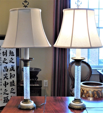 Pair of English Hobnail Table Lamps with Metal and Marble Bases - 36" Total Height - One Has Split in Marble 