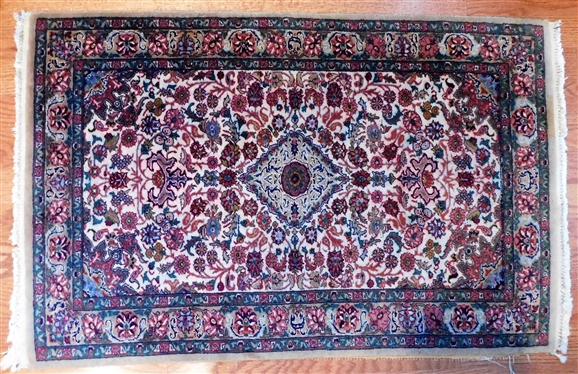 Cream, Burgundy, and Greens Finely Hand Woven Rug - Some Red Bleeding in Center -  45" by 28 1/2"