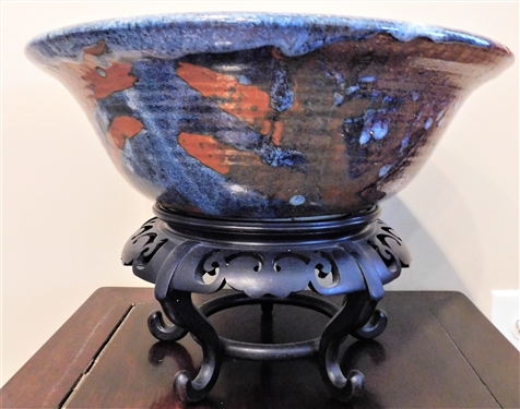 Artist Signed Studio Art Pottery Bowl  on Footed Wood Stand -14" Across 5" tall Not including Stand 