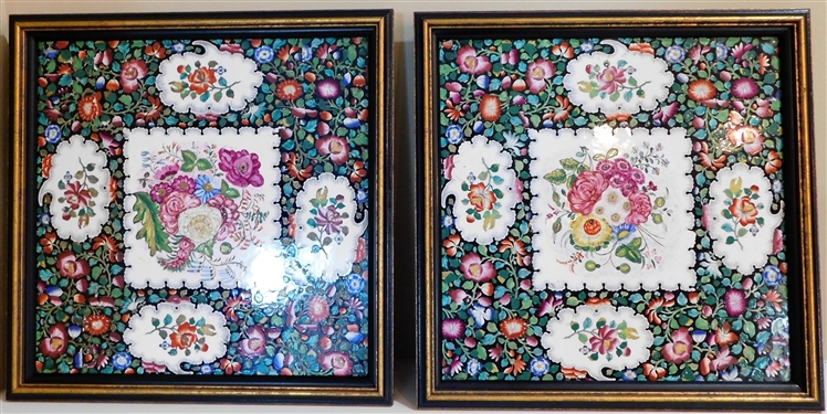 Pair of Framed Hand Painted Tiles - Framed Measure - 12 1/4" by 12 1/2"
