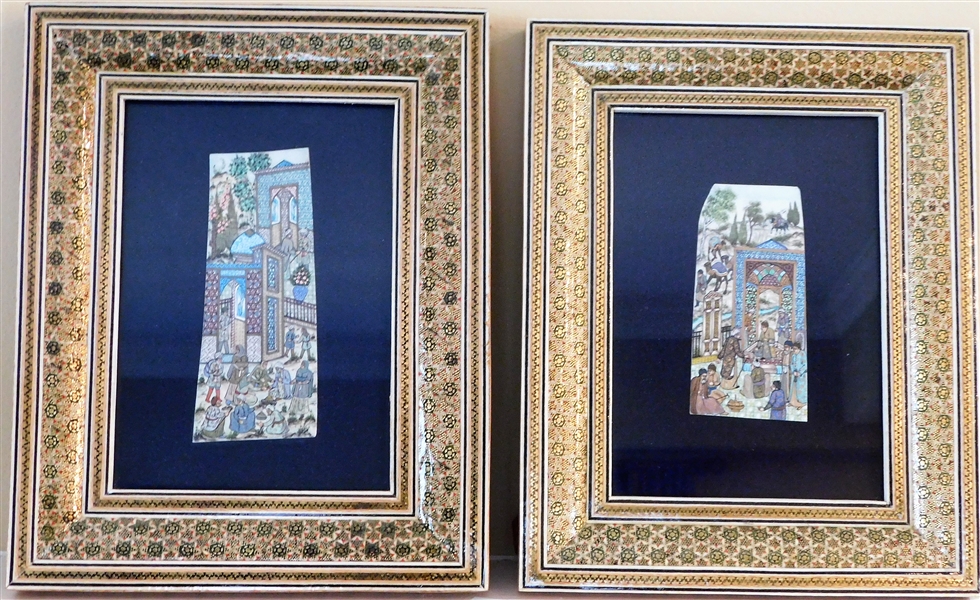 Pair of Persian Paintings on Ivory in Micro Mosaic Frames - Frames Measure 10" by 8"