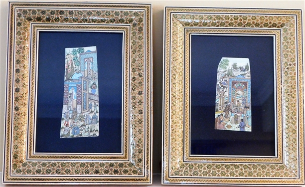 Pair of Persian Paintings on Ivory in Micro Mosaic Frames - Frames Measure 10" by 8"