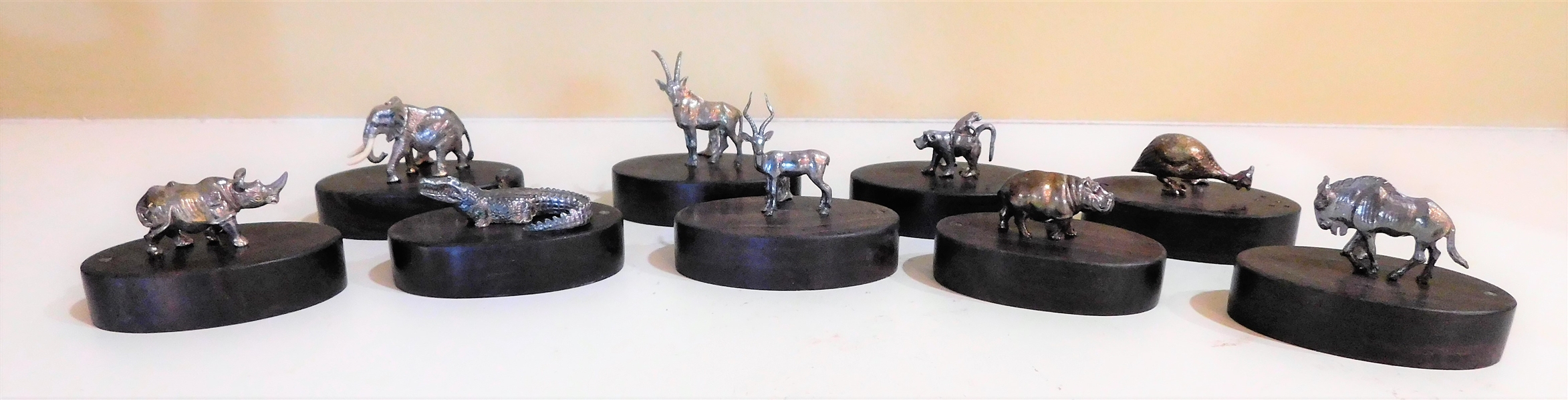 9 Wood and Sterling Silver Animal Place Card Holders - Signed PM (Patrick Mavros) - Hippo, Alligator, Monkey, Elephant, Rhino, and Others - 2 1/2" Long