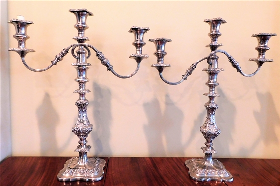 Pair of Beautiful Silver Plate 3 Branch Candelabras - 18 3/4" Tall 15" Wide
