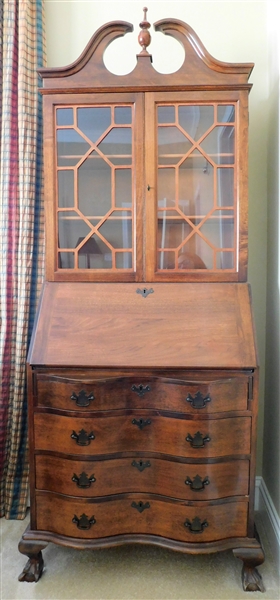 Olive and Myers Furniture, Dallas Texas - Broken Arch Fall Front Secretary - Serpentine Front with 4 Drawers - Locking Glass Doors with Key - Divided Storage Inside - 79" tall 29 1/2" by 16"