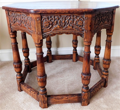 Feudal Oak - William and Mary Style Octagon Shaped Stretcher Base Table - 27" tall 32" by 32"
