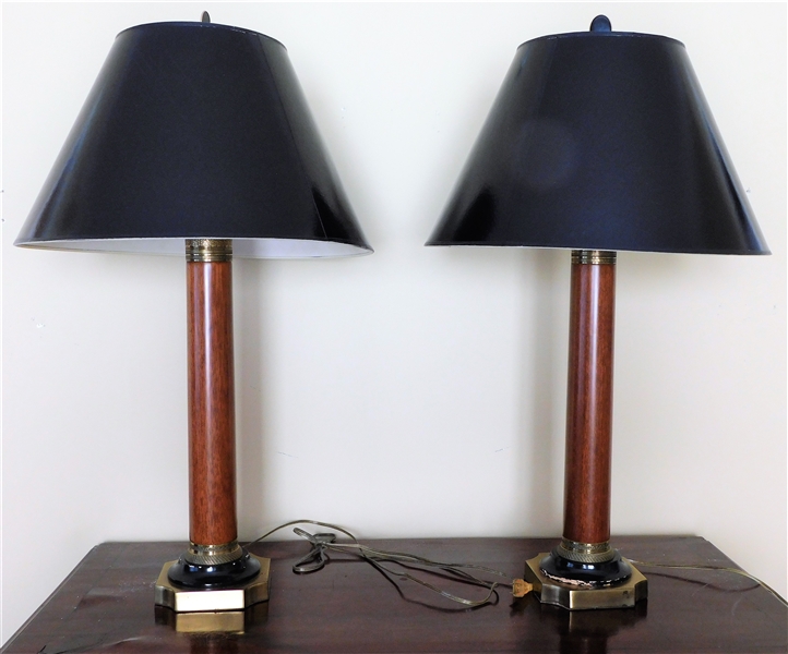 Pair of Wood and Brass Table Lamps -Some Finish Loss to Black Band around Base of Lamps - 32" tall 