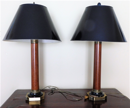 Pair of Wood and Brass Table Lamps -Some Finish Loss to Black Band around Base of Lamps - 32" tall 