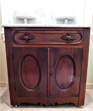 Marble Top Wash Stand with Fruit Carved Pulls - Candle Shelves on Marble - Bottom Door Locks - With Key - 30" tall 29 1/2" by 16 - Not including Back Splash