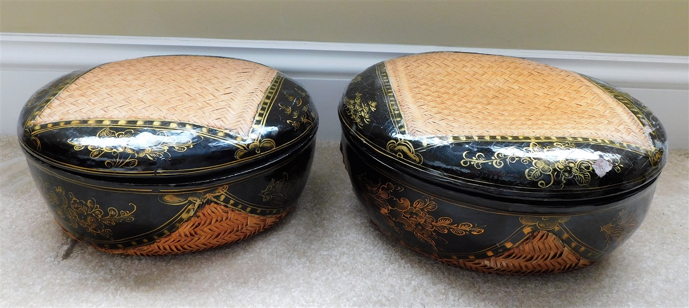 2 Gold Decorated Lidded Baskets - 13" and 12" across - Largest Has Finish Loss on Top 