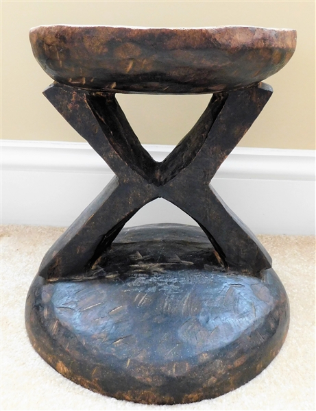 Hand Carved From Single Log Stool with X in Center 13" tall 10 1/2" Across