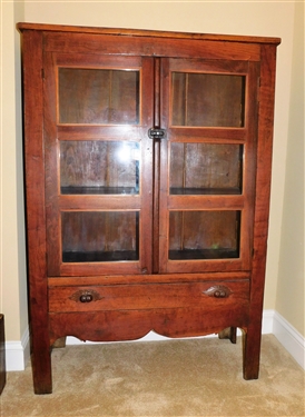 Walnut Pie Safe with Glass Doors - Screens on Sides - Fruit Carved Pulls on Drawer - 59 1/2" tall 40" by 16"