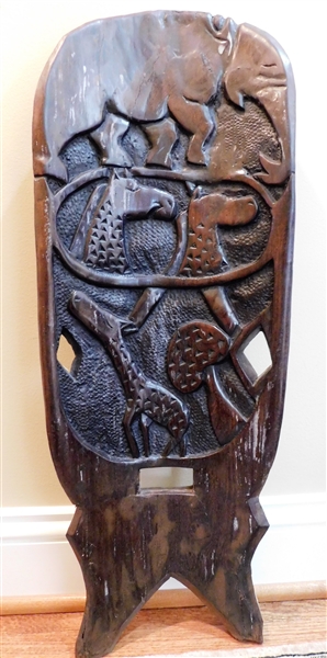 Iron Wood Carved Wall Hanging with Carved Elephant, Giraffes, and Mushrooms-"E" Carved in Back - Measures  31" by 11"