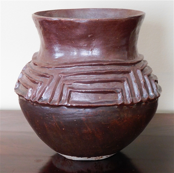 Geometric Applied Design Art Pottery Vase - Brown Glaze - 8" Tall