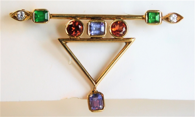 18kt Yellow Gold Pin with Diamonds, Amethyst, Emerald, and Citrine Stones 2" by 1 1/4" 6.2 dwt Total Weight