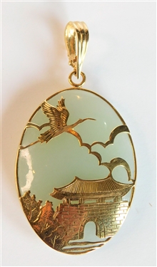 Asian 14kt Yellow Gold and Jade Asian Pendant with Flying Crane - 2 3/4" long 1 1/2" Wide