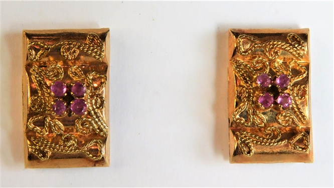 Pair of 18kt Yellow Gold Earrings with Ruby or Garnet Accents - Made From Links of Previous Bracelet 4.5 dwt Total Weight