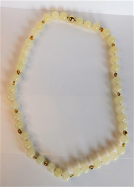 Custom White Jade and Gold Beaded Necklace - Clasp Marked 585 - 25" Long