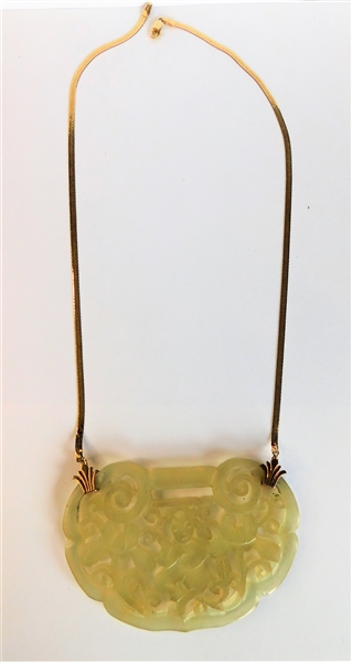  Carved Jade Pendant on Attached 14kt Yellow Gold Herringbone Style Necklace - Jade Measure 3 1/2" Across by 2 3/4" - Necklace Has Kinked Where Attaches to Pendant - See Photos