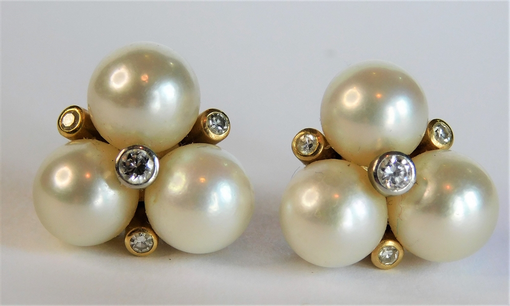 18kt Yellow Gold and Platinum Earrings with Pearls and Tube Set Diamonds - Marked in Script and Designer Signed - Earrings Measure 1/2" 