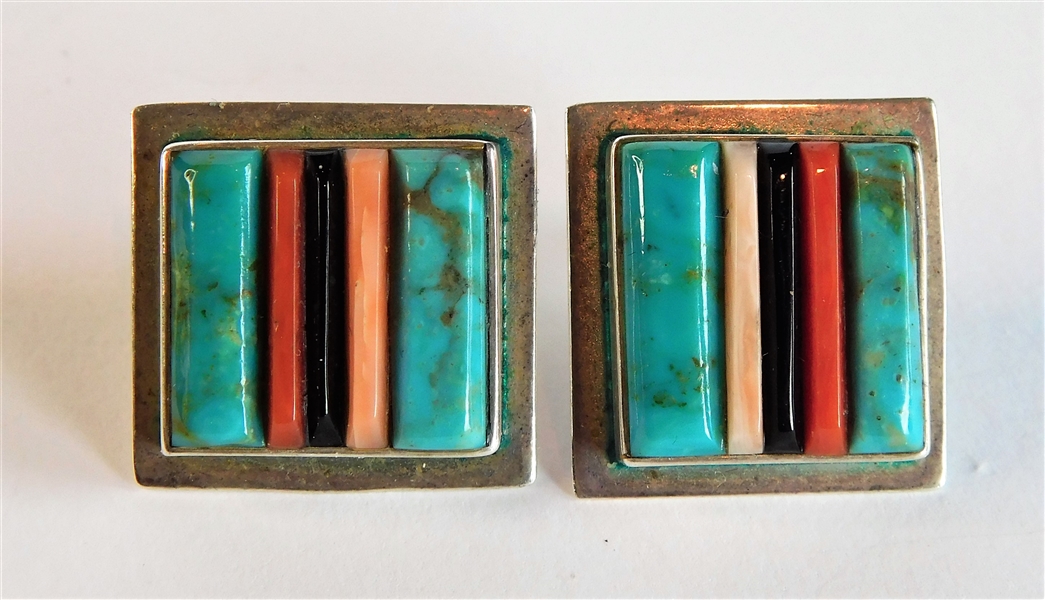 V. Benally Sterling Silver Earrings with Turquoise and Coral - 3/4" Square