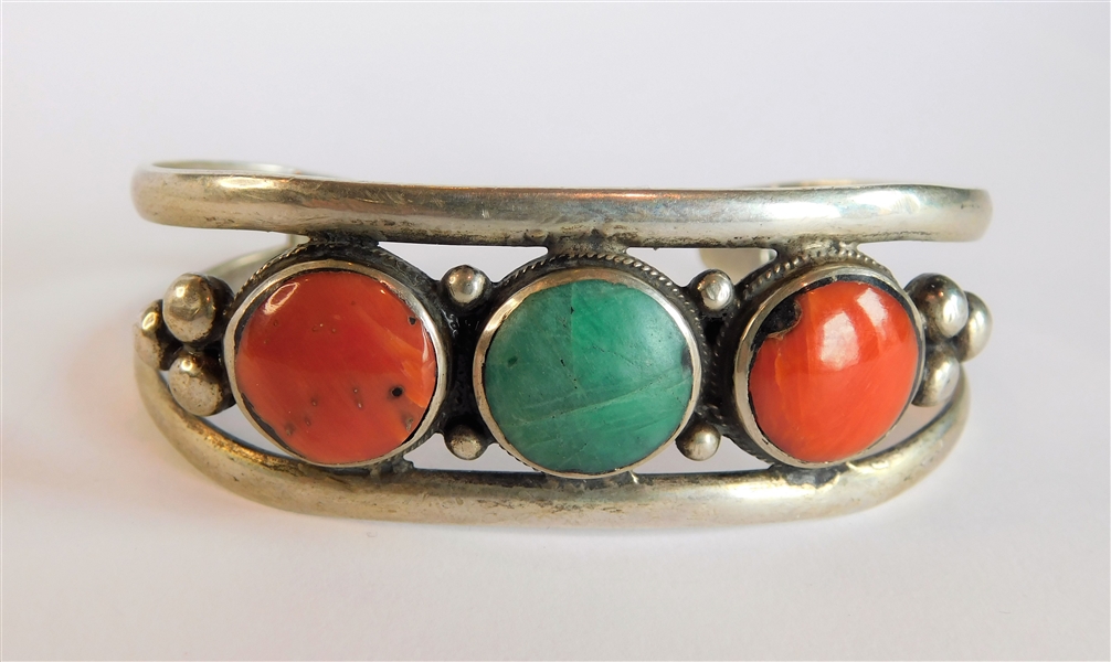Native American Silver Cuff Bracelet with Turquoise and Coral - 1" wide