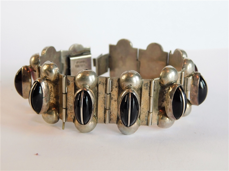 Mexico Sterling Silver and Black Onyx Bracelet 7" Long 