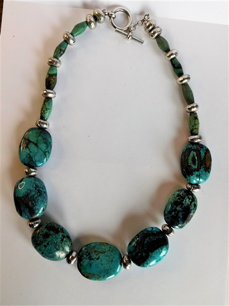 Awesome Turquoise and Silver Beaded Necklace - Large Turquoise Beads - 23" long