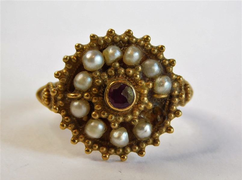 22kt Yellow Gold Ring with Pearls and Pink Center Stone- Missing 1 Pearl - Size 5 1/4 - 3.7 dwt Total Weight