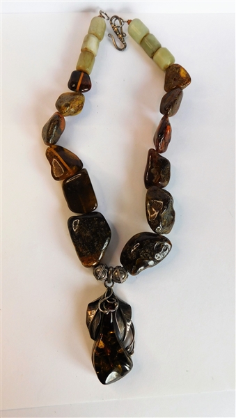Silver and Amber Beaded  Necklace 18" Long