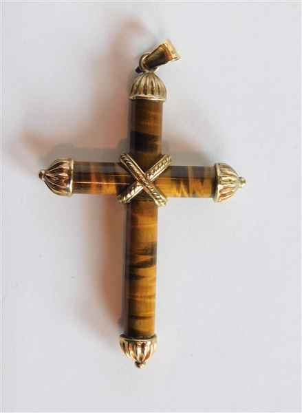 Tigers Eye Cross with 14kt Yellow Findings and Bezel - Cross Measures 2 3/4" by 1 1/2"