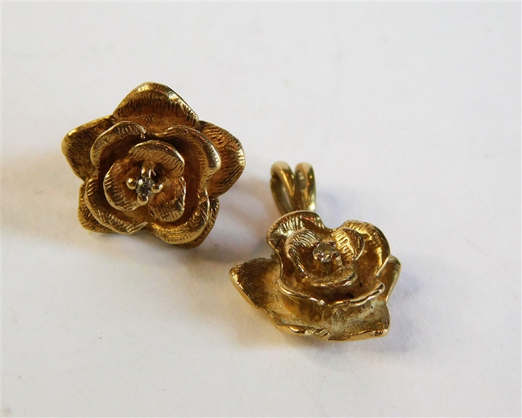 14kt Yellow Gold Flower Pendant and Single Earring - Diamond Accents in Center - 2.0 dwt Total Weight