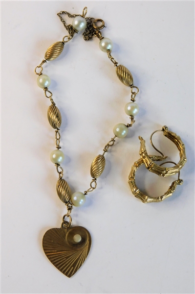 Pair of 14kt Yellow Gold Bamboo Style Earrings and Gold Bracelet - Heart Marked 14kt - 6.5dwt Total Weight
