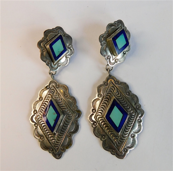 P. Yellowhorse Native American Sterling Silver Earrings with Blue and Turquoise Stones - 3 1/4" long