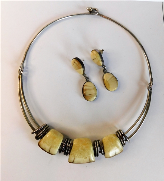 Silver Necklace with 3 Stones and Pair of Matching Earrings - Unsigned