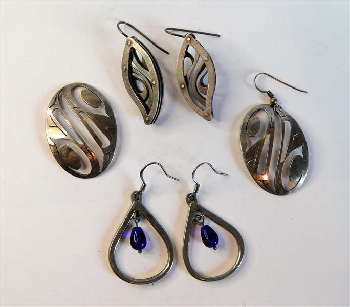 3 Pairs of Artisan Made Earrings -1 missing Ear Hook - All Signed in Script 