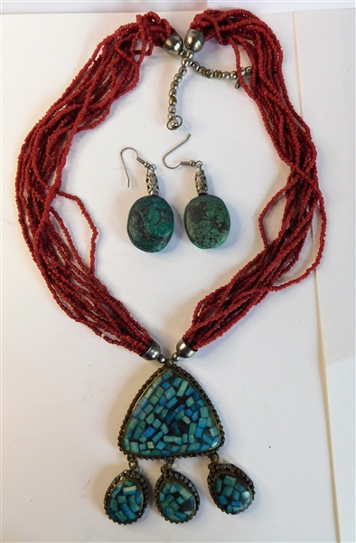Beaded Necklace with Mosaic Turquoise Pendant and Pair of Turquoise Bead Earrings