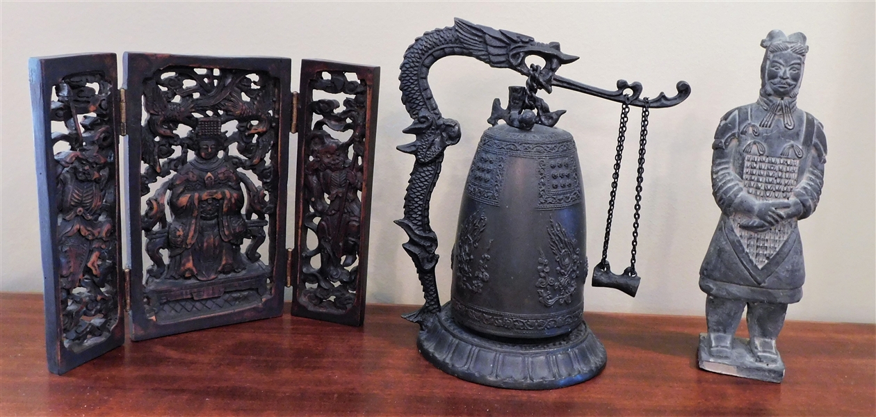 Asian Metal Dragon Bell, Clay Soldier Figure (Head Has Been Repaired), and Miniature Wood Folding Screen -6 3/4" tall 