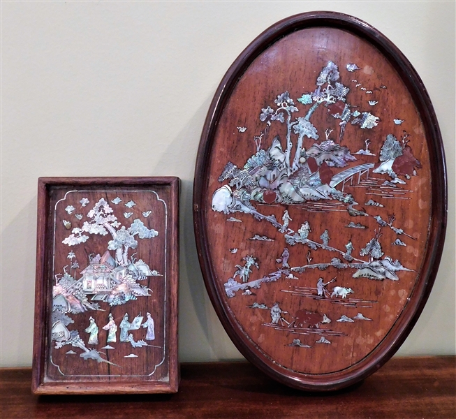 Wood Abalone Inlaid Trays with Inlaid Scenes - Oval Measures 13" Other 7 1/2"