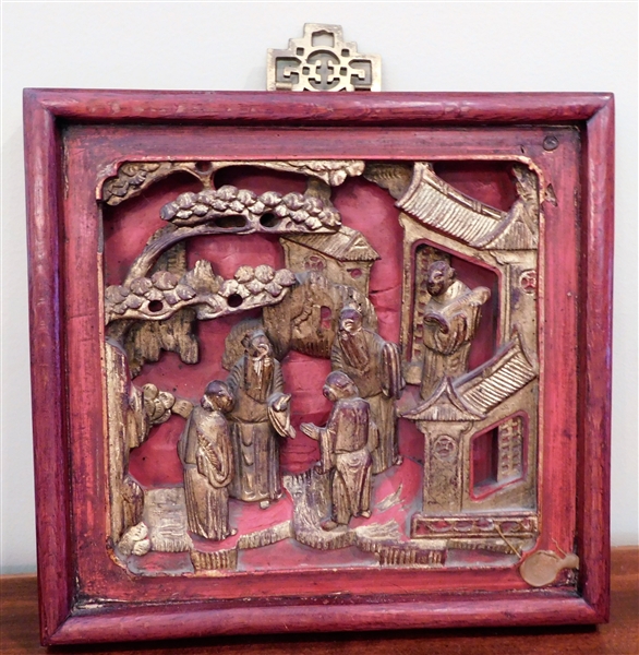 Asian Wood Relief Carved Plaque with Wax Seal - Measures 11" by 11" 