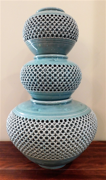 3 Graduating Asian Celadon Pierced Vases with Flying Cranes - Largest is 10 1/2" and Smaller is 7"