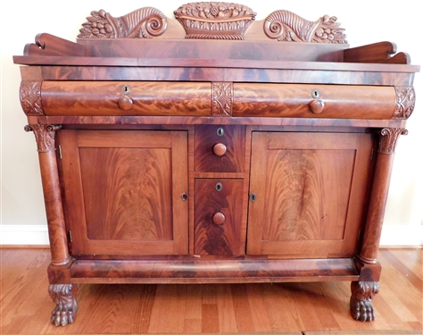 Cornucopia and Basket of Fruit Carved Side Board with Claw Feet, Column Posts, Cellarette Drawer, Double Doors -Finely Dovetailed Drawers -  Brass Key Holes - (1 Key Hole Needs to Be Attached) -...