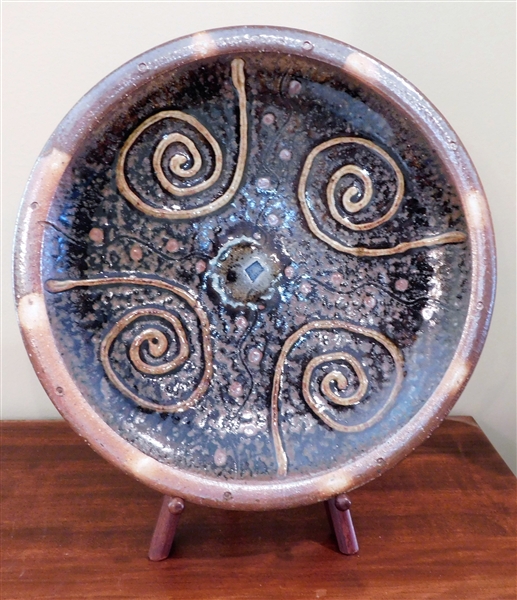 North Carolina Potter Mark Hewitt Pottery Plate - 11 1/4" Across - Spiral, Diamond, and Dot Design 