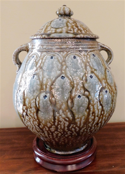 North Carolina Potter Mark Hewitt Pottery Urn with Lid Incised Circles and Diamonds - Double Handles - 13" not including wood Base