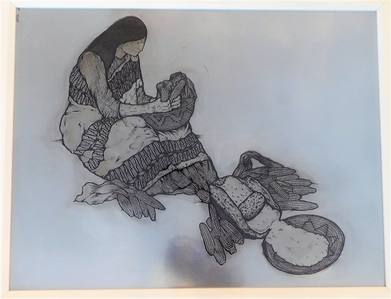 Armando M. Pena Jr. -"Mujer Series - Maiz Y Metate" Original Etching Plate - Image Size 16 1/2" by 22" Mesizo Made -Signed on Plate - Framed 23" by 28" 