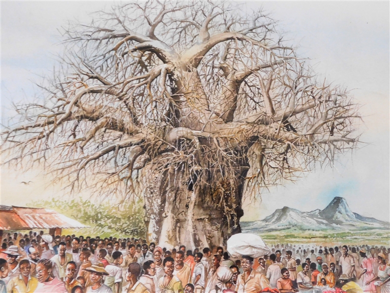 African Artist Dave Mathotho Watercolor Painting "Baobab Market" Framed and Matted - Frame  Measures - 32 1/2" by 40"