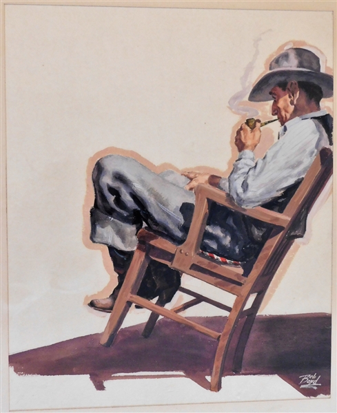 Bob Boyd Watercolor Painting of Man Smoking a Pipe- Framed and Matted - Frame Measures - 22" by 19"